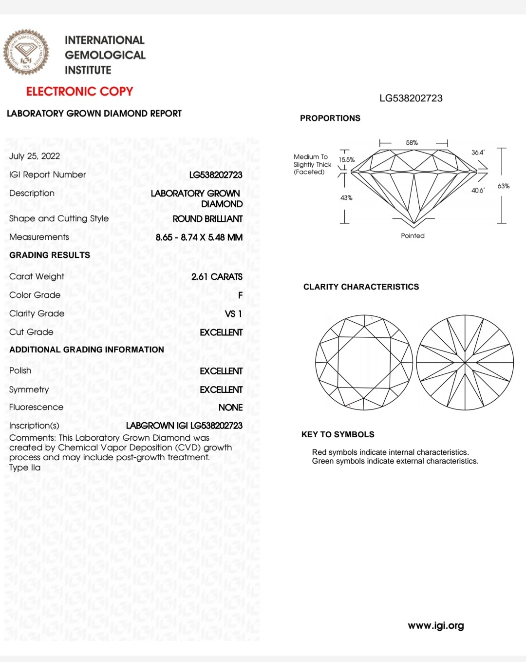 IGI LAB GROWN DIAMOND 2.61 F VS1 3EX NON