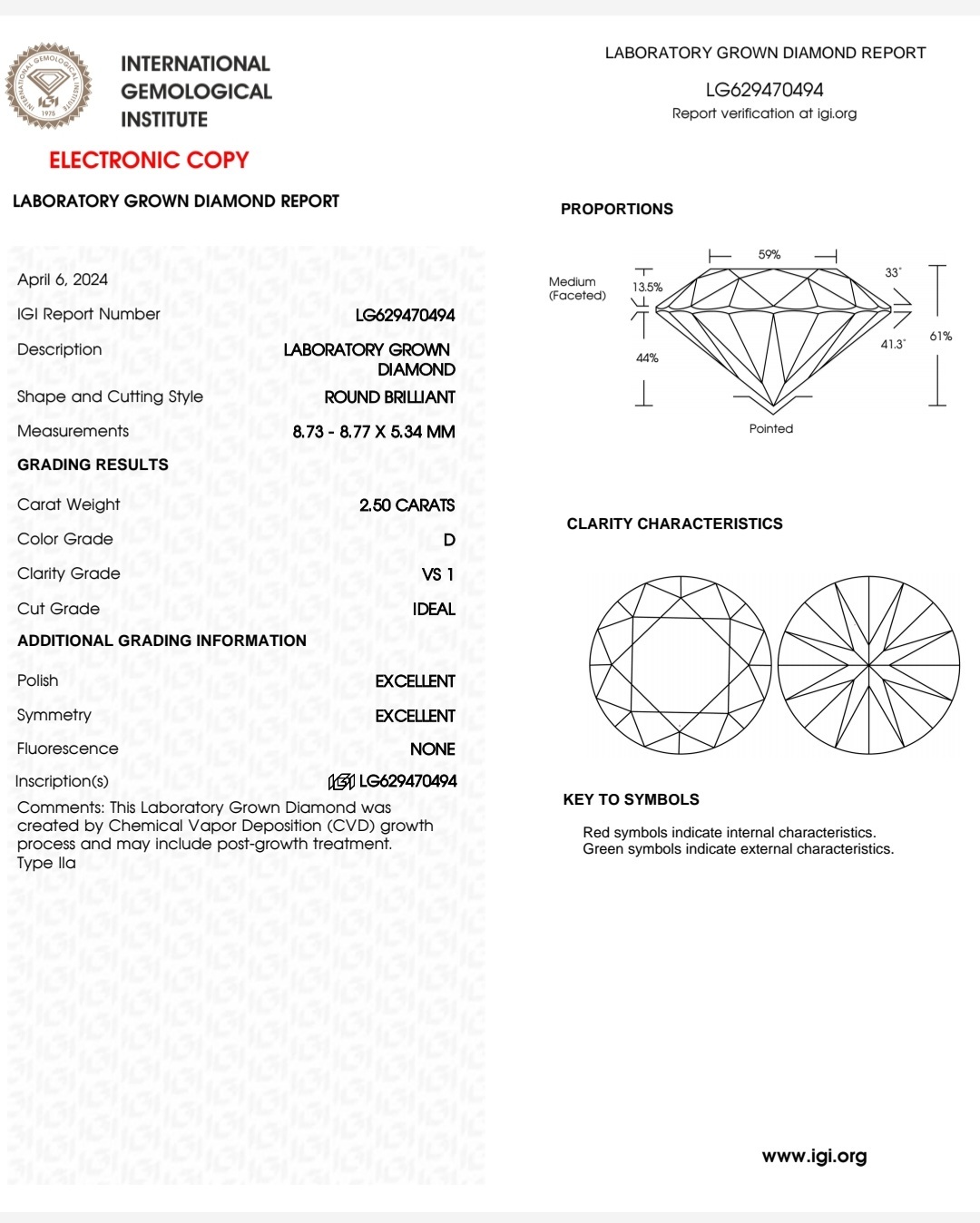 IGI LAB GROWN DIAMOND 2.50 D VS1 IDEAL 2EX NON