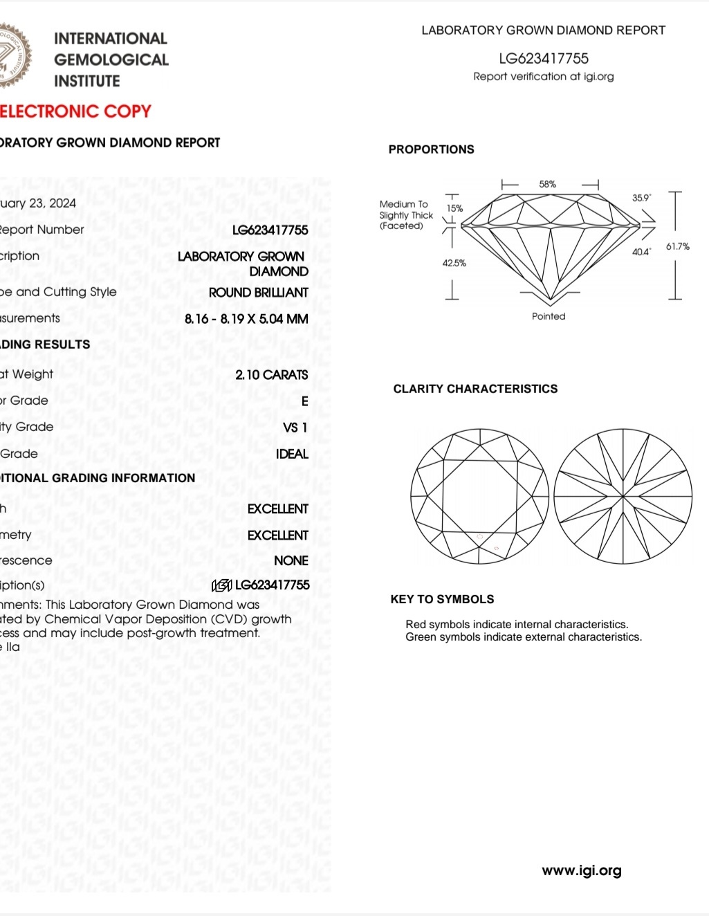 IGI LAB GROWN DIAMOND 2.10 E VS1 IDEAL 2EX NON