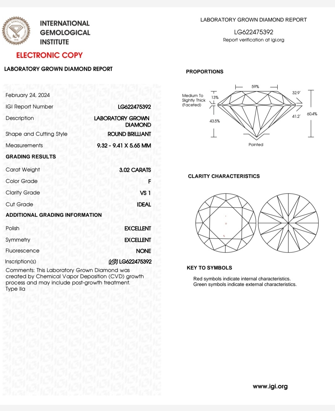 IGI LAB GROWN DIAMOND 3.02 F VS1 IDEAL 2EX NON