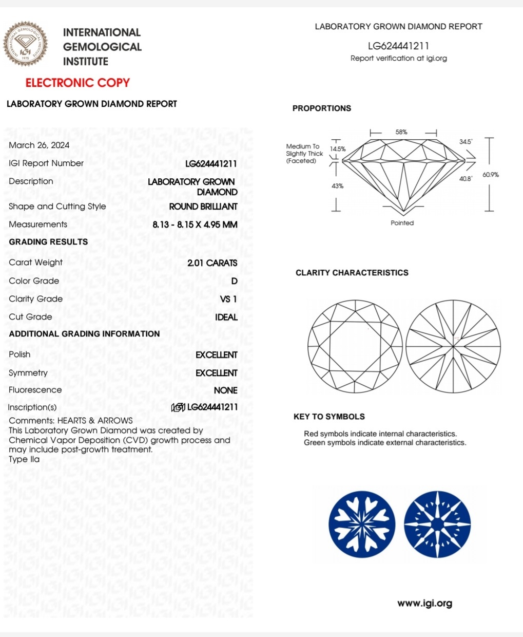 IGI LAB GROWN DIAMOND 2.01 D VS1 IDEAL 2EX NON