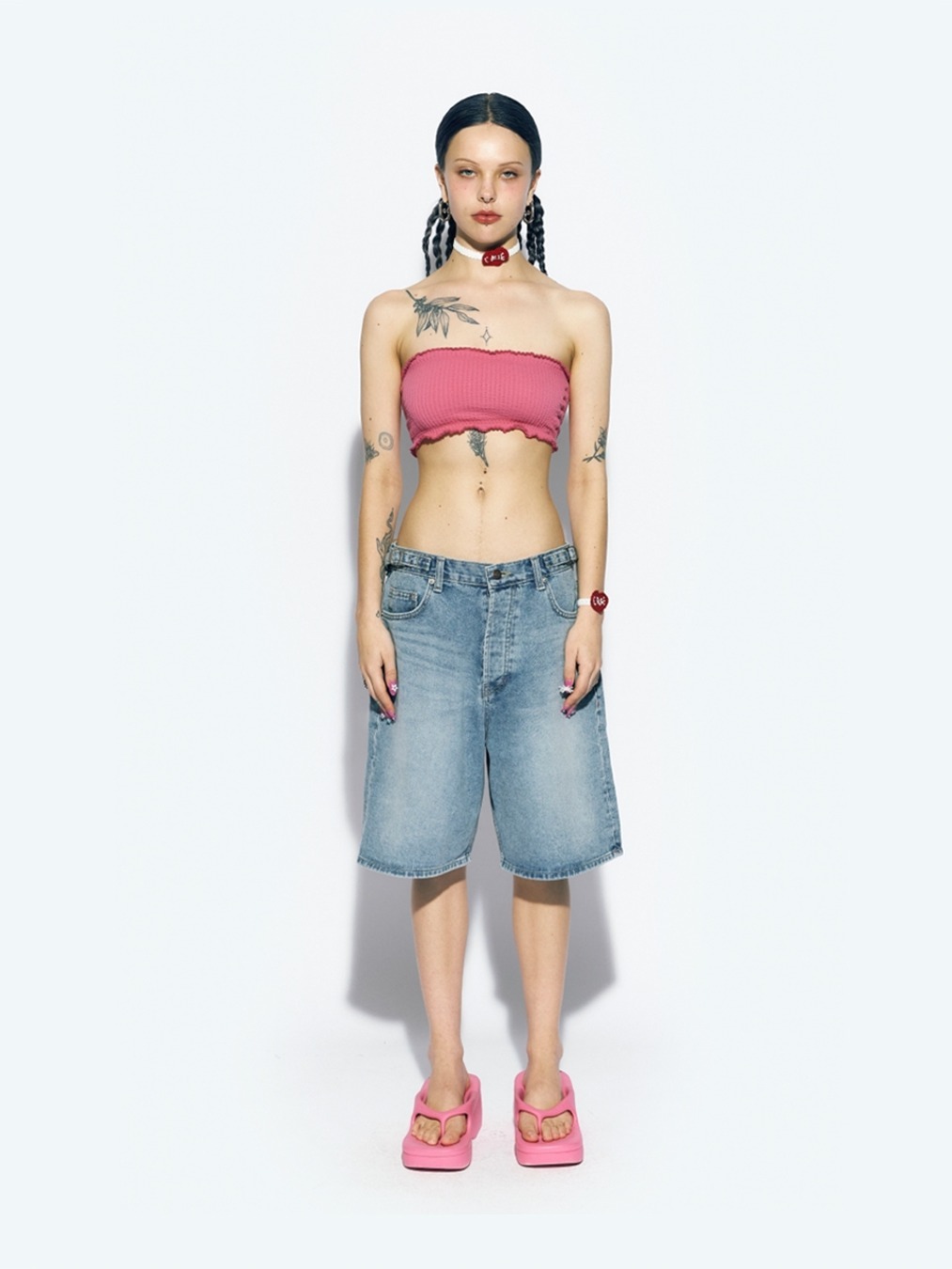 ASIF CALIE★韓国★人気★KNEE LENGTH WIDE DENIM PANTS 2色 as if calie] KNEE LENGTH WIDE DENIM PANTS