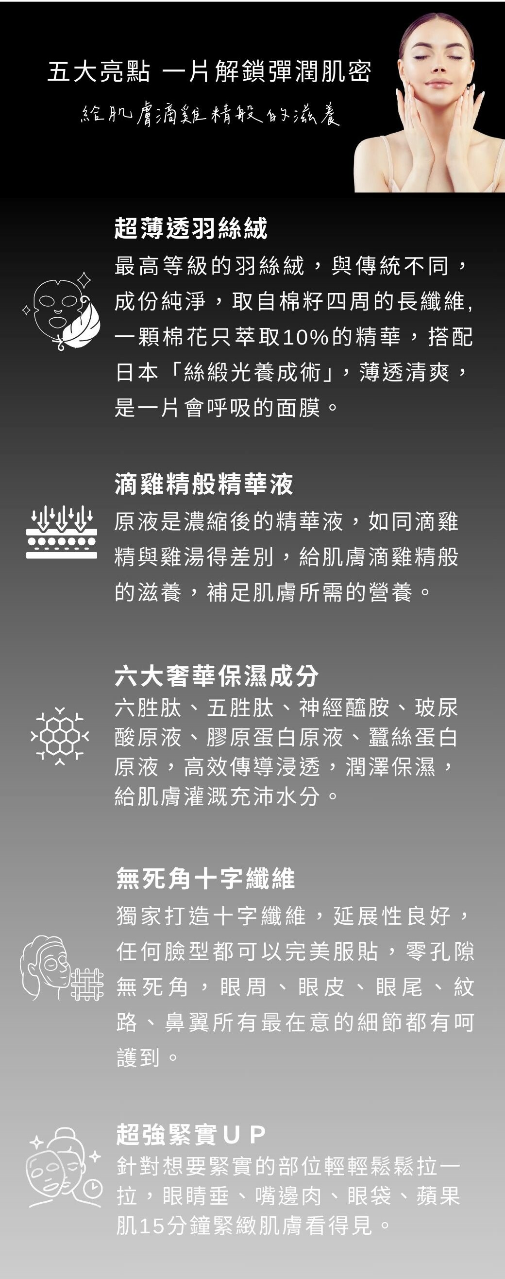 滴雞精般精華液 原液是濃縮後的精華液，如同滴雞精與雞湯得差別，給肌膚滴雞精般的滋養，補足肌膚所需的營養。