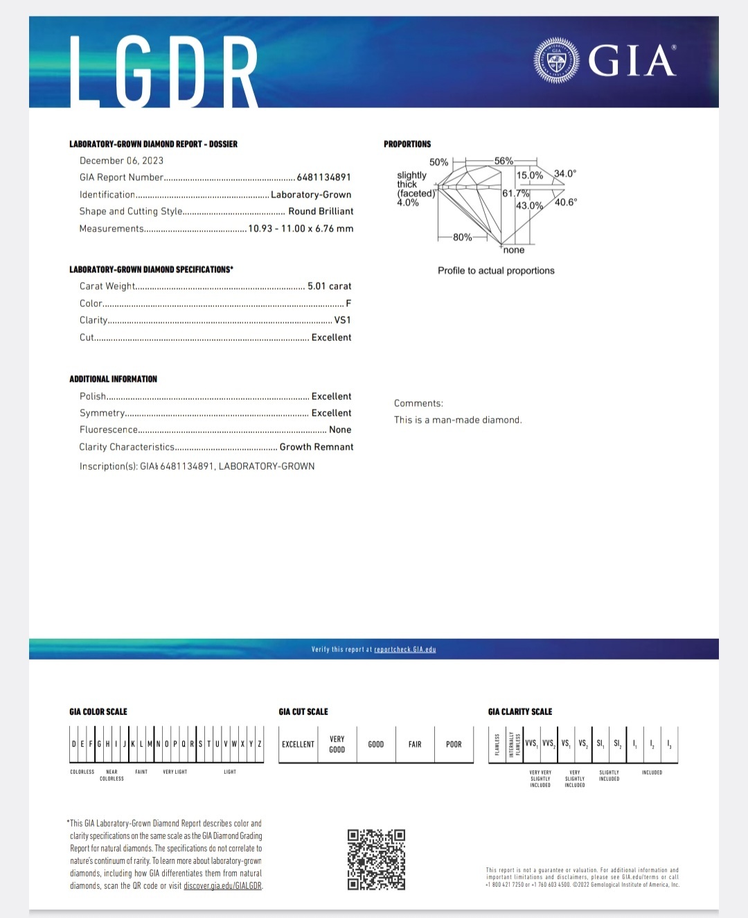 IGI LAB GROWN DIAMOND 5.01 F VS1 3EX NON
