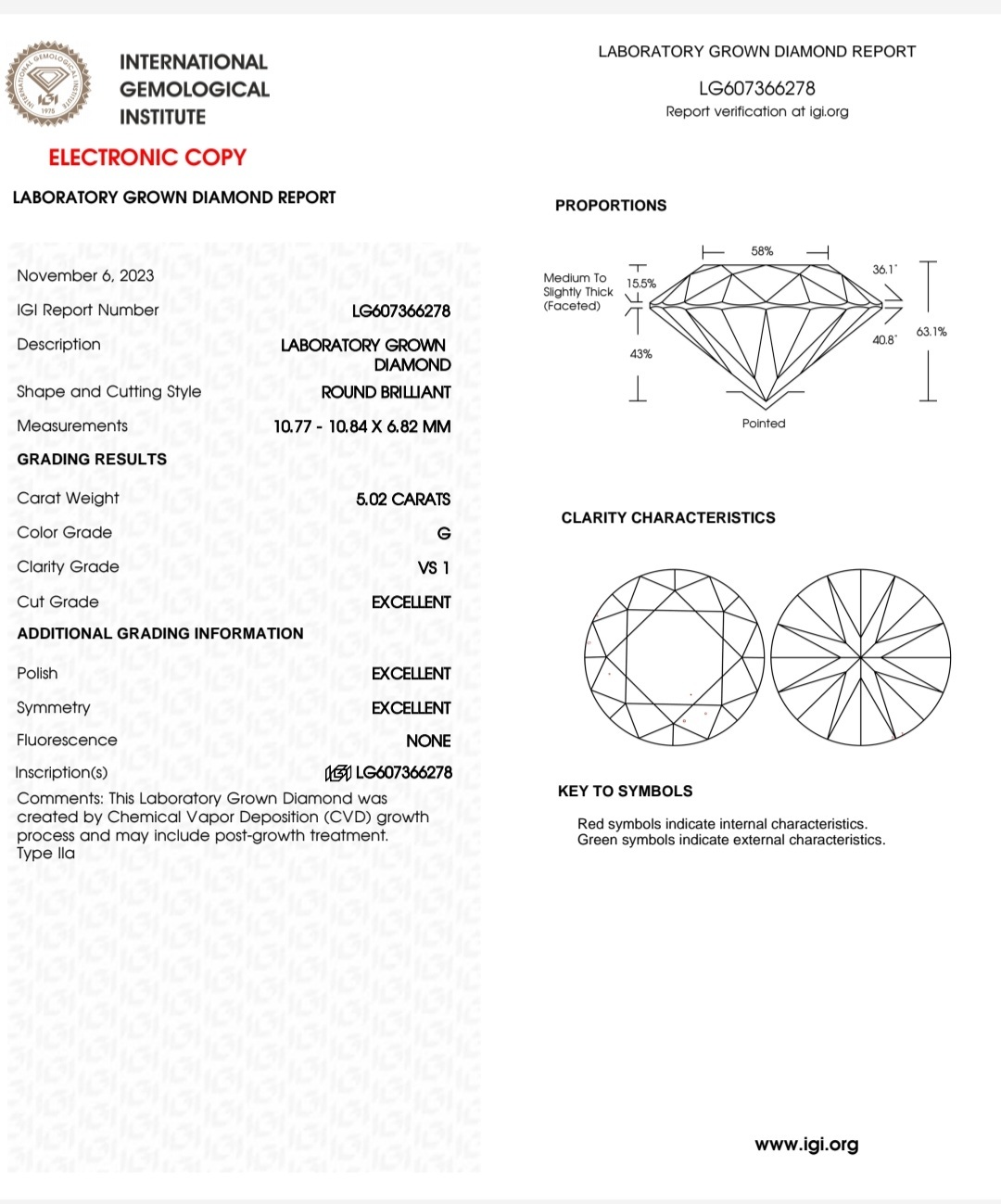 IGI LAB GROWN DIAMOND 5.02 G VS1 3EX NON