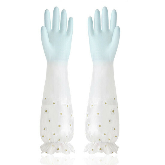 Long rubber thickened housekeeping gloves (sheer blue and fleece ruffles)