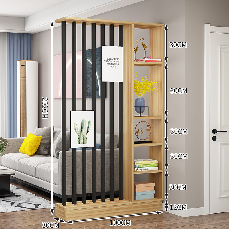 Popular home entrance floor-to-ceiling solid wood screen cabinet wall storage cabinet 100x30x202cm [7 black tubes + light walnut color]