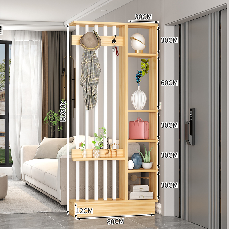 Popular home entrance floor-to-ceiling solid wood screen cabinet wall-mounted storage cabinet 80x30x202cm [coat hanger + 5 white tubes + light walnut color]