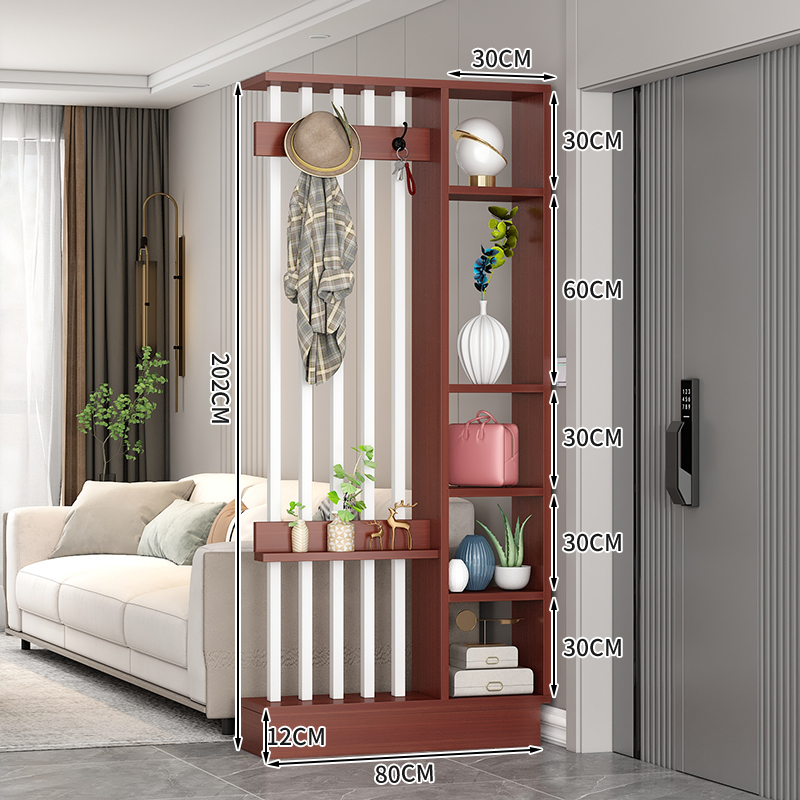 Popular home entrance floor-to-ceiling solid wood screen cabinet wall-mounted storage cabinet 80x30x202cm [coat hanger + 5 white tubes + teak color]