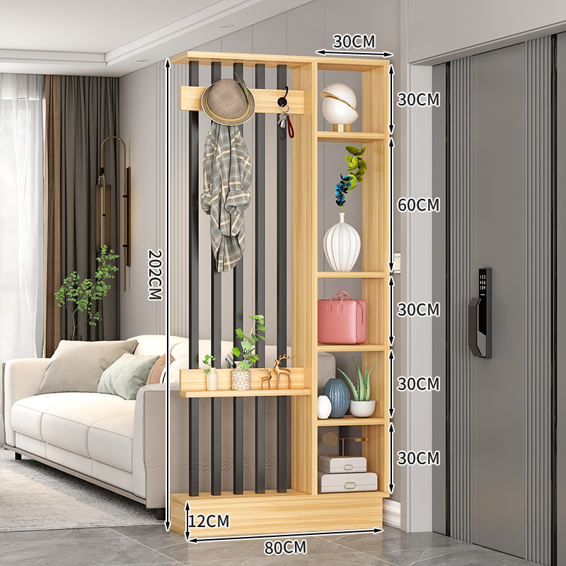 Popular home entrance floor-to-ceiling solid wood screen cabinet wall storage cabinet 80x30x202cm [coat hanger + 5 black tubes + light walnut color]