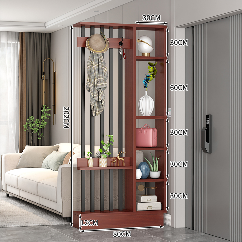 Popular home entrance floor-to-ceiling solid wood screen cabinet wall-mounted storage cabinet 80x30x202cm [coat hanger + 5 black tubes + teak color]