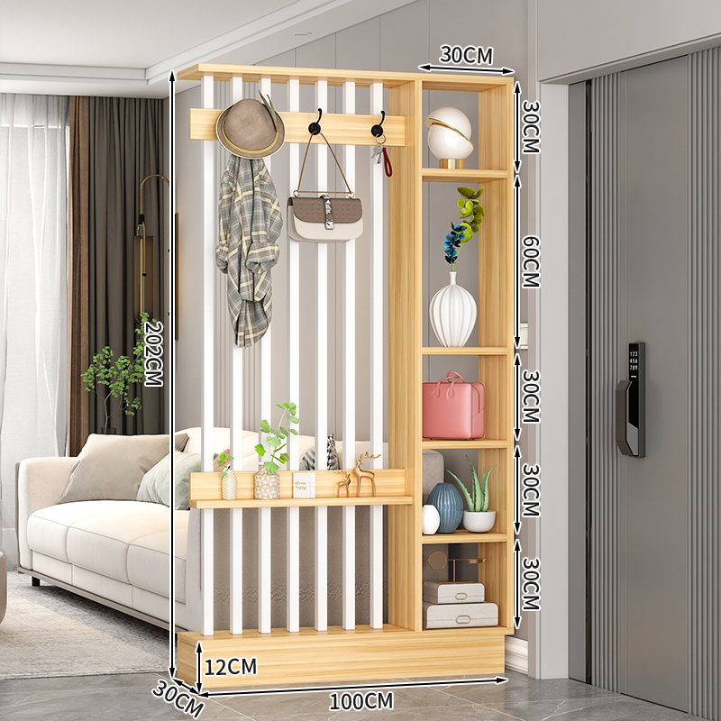 Popular home entrance floor-to-ceiling solid wood screen cabinet wall-mounted storage cabinet 100x30x202cm [coat hanger + 7 white tubes + light walnut color]