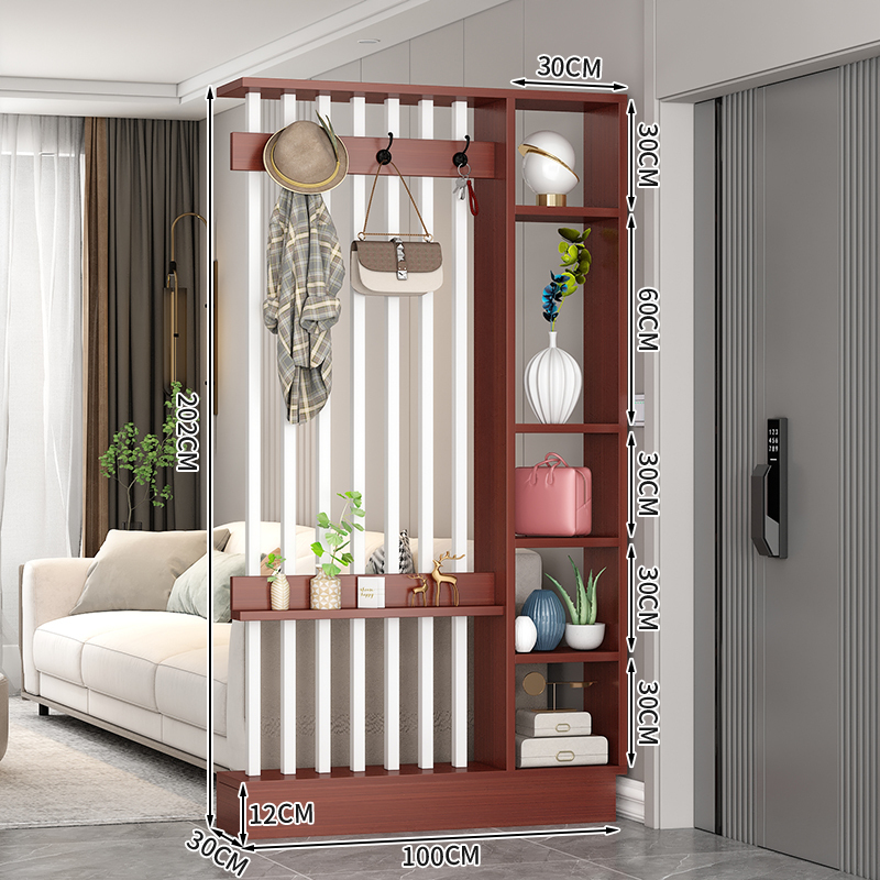 Popular home entrance floor-to-ceiling solid wood screen cabinet wall-mounted storage cabinet 100x30x202cm [coat hanger + 7 white tubes + teak color]