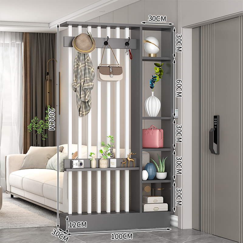 Popular home entrance floor-to-ceiling solid wood screen cabinet wall storage cabinet 100x30x202cm [hanging hanger + 7 white tubes + gray]