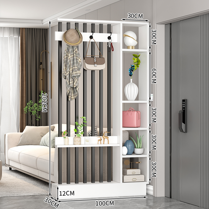Popular home entrance floor-to-ceiling solid wood screen cabinet wall-mounted storage cabinet 100x30x202cm [coat hanger + 7 black tubes + white]