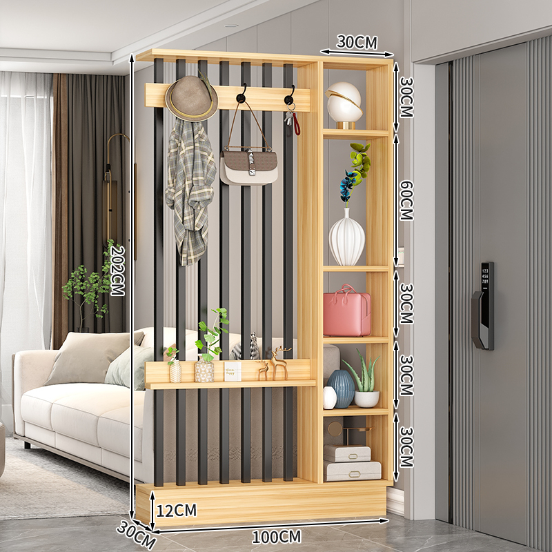 Popular home entrance floor-to-ceiling solid wood screen cabinet wall-mounted storage cabinet 100x30x202cm [coat hanger + 7 black tubes + light walnut color]
