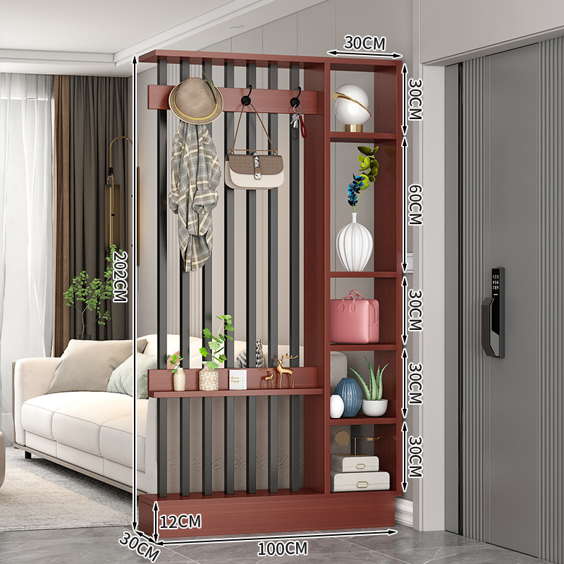 Popular home entrance floor-to-ceiling solid wood screen cabinet wall-mounted storage cabinet 100x30x202cm [coat hanger + 7 black tubes + teak color]