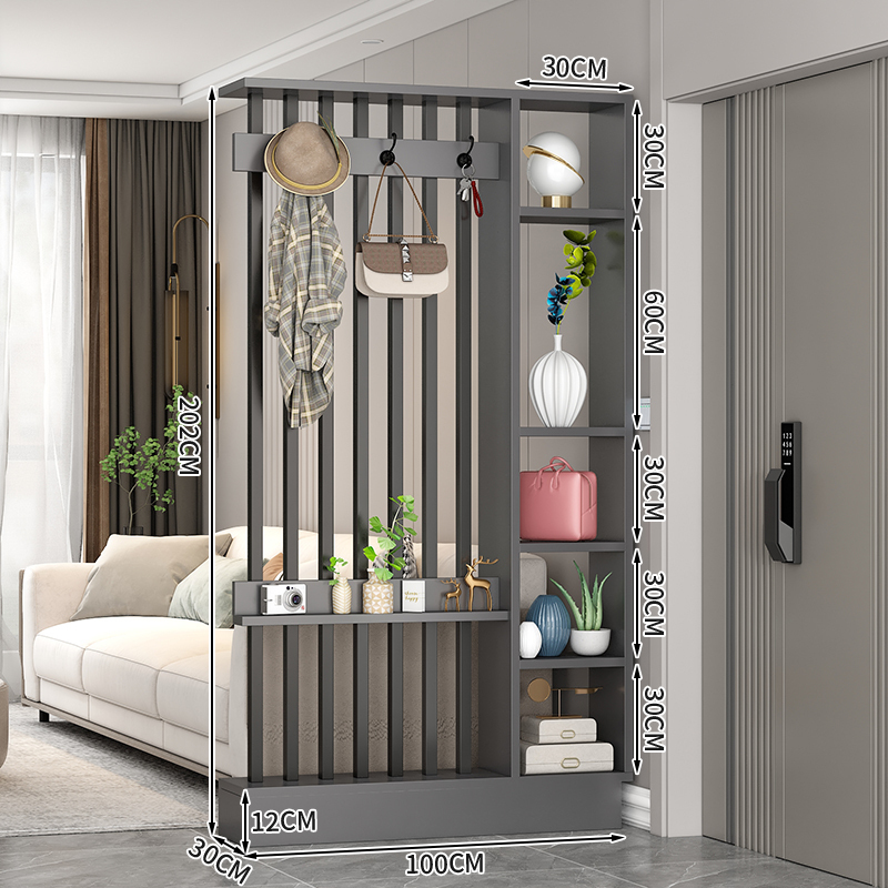Popular home entrance floor-to-ceiling solid wood screen cabinet wall storage cabinet 100x30x202cm [hanging hanger + 7 black tubes + gray]