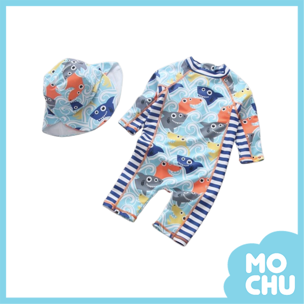 彩色鯊魚海浪連身泳衣(送防曬帽)