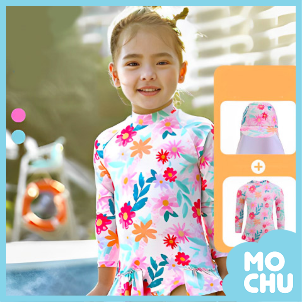 小雛菊花葉長袖連身泳衣送防曬帽