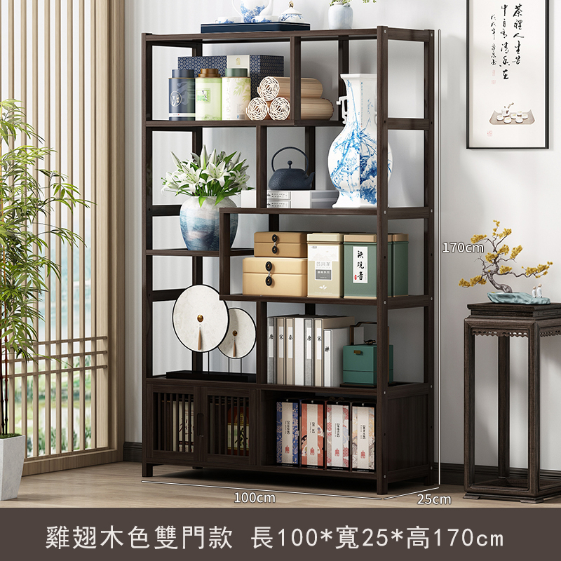 Popular bamboo solid wood furniture, Chinese wine cabinet, entrance cabinet, antique cabinet, bookshelf [6 layers 100cm + door model] walnut color