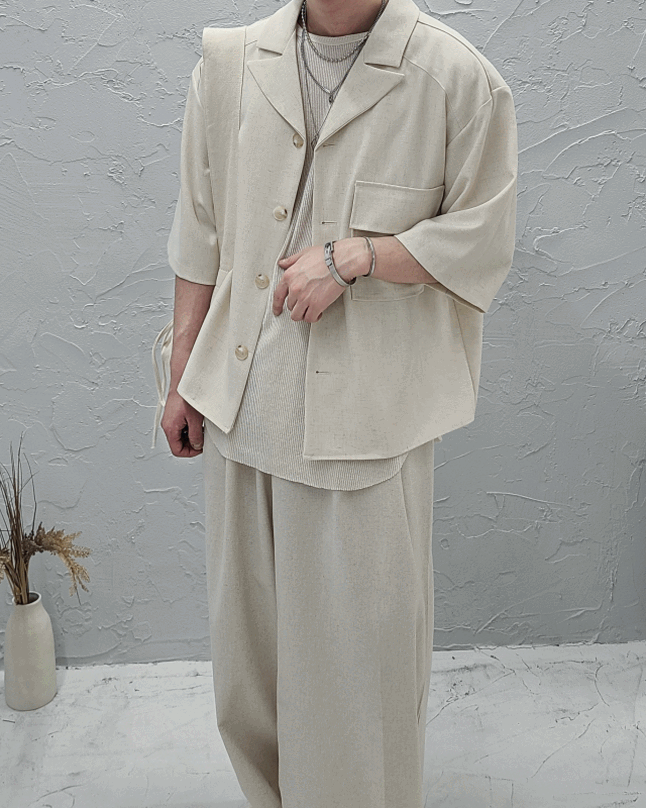 簡潔口袋亞麻短款短袖夾克