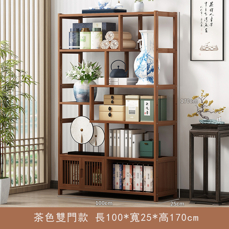 Popular bamboo solid wood furniture, Chinese wine cabinet, entrance cabinet, antique cabinet, bookshelf [6 layers 100cm + door model] original color