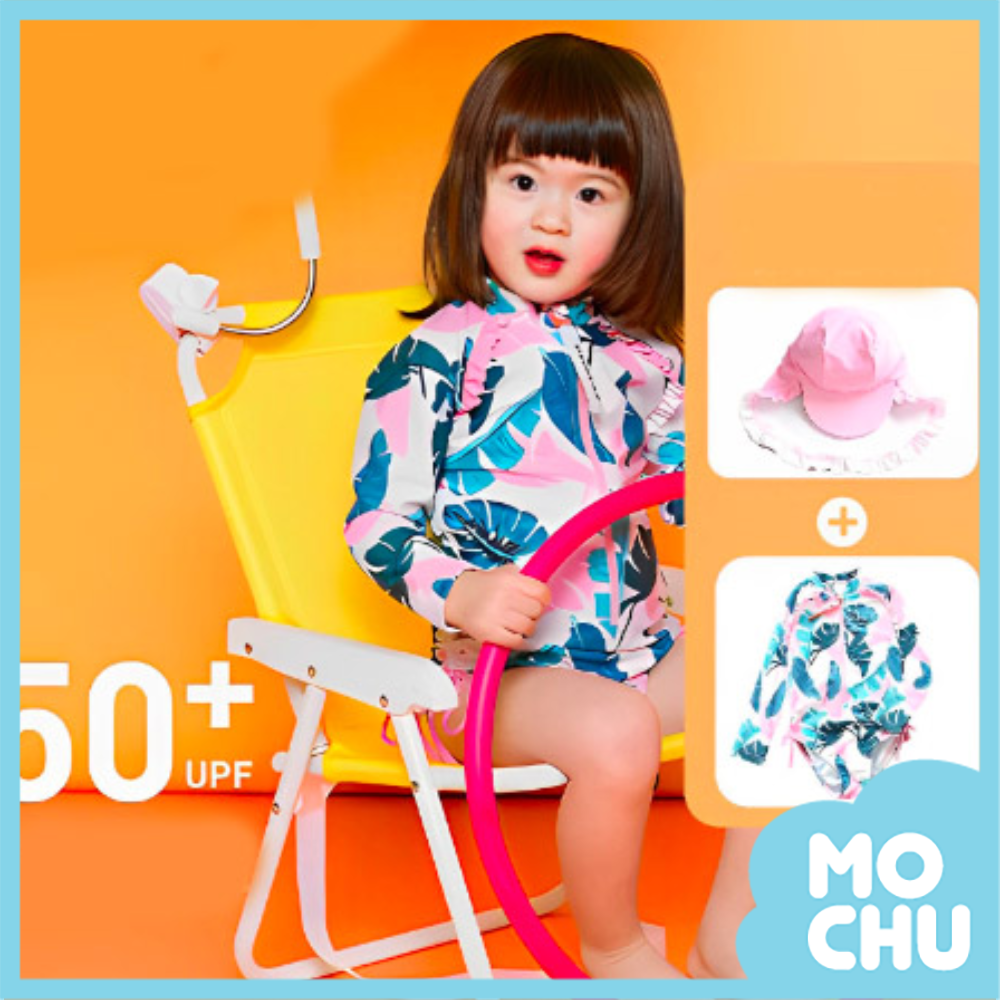 熱帶樹葉長袖連身泳衣+防曬帽