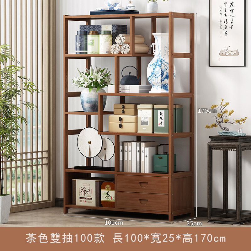 Popular bamboo solid wood furniture, Chinese wine cabinet, entrance cabinet, antique cabinet, bookshelf [6 layers 100cm + with drawer model] original color