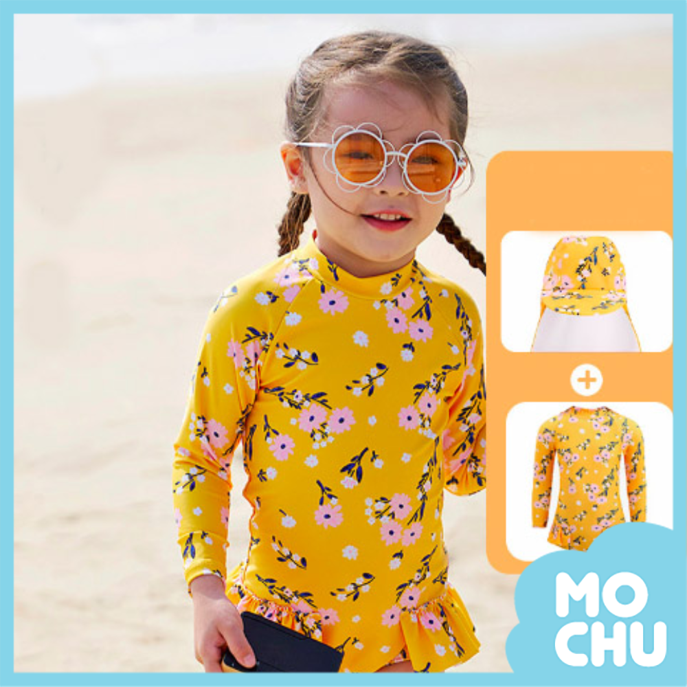 粉紅花朵長袖連身泳衣+防曬帽