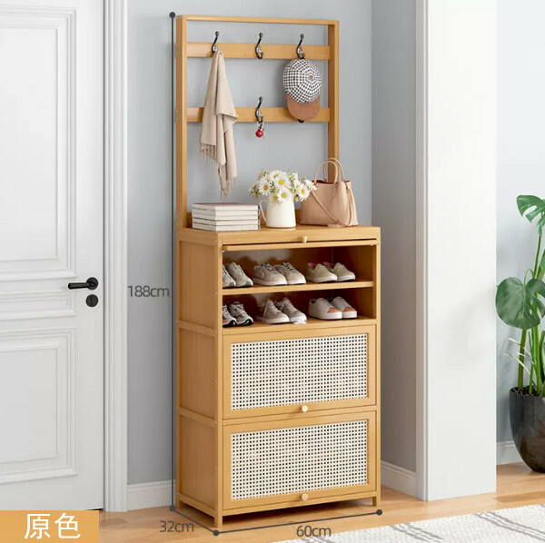 Popular bamboo solid wood furniture, shoe cabinet, coat rack, entrance cabinet [original color 60cm]