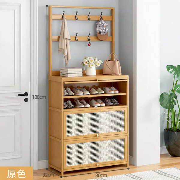 Popular bamboo solid wood furniture, shoe cabinet, coat rack, entrance cabinet [original color 80cm]