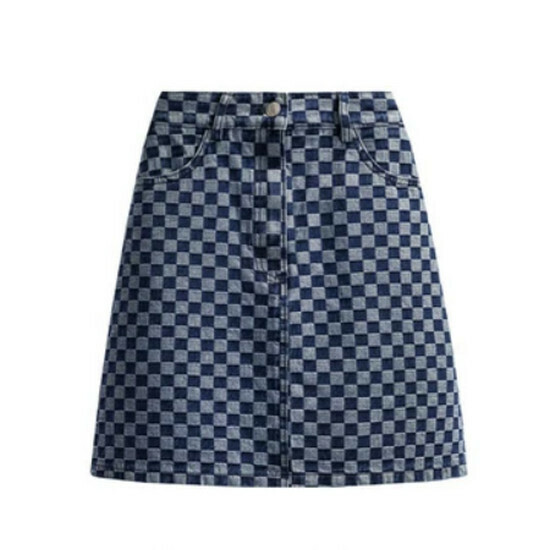 Hot selling checkerboard plaid denim skirt [blue] [M-4XL size] (please contact customer service to confirm the delivery size after placing the order)