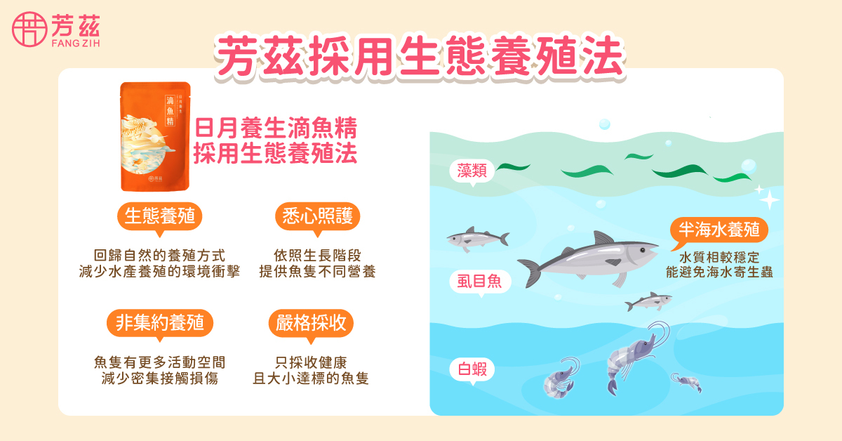 芳茲的日月養生滴魚精選用半海水生態養殖的虱目魚，漁場為了友善環境，不竭盡土地的資源，整個養殖過程堅持不使用任何藥物，嚴格到連同堤岸都不使用除草劑，同時也降低了飼養的密度，在低密度且無藥物的環境裡，可以讓成長中的魚隻保持愉快的心情。