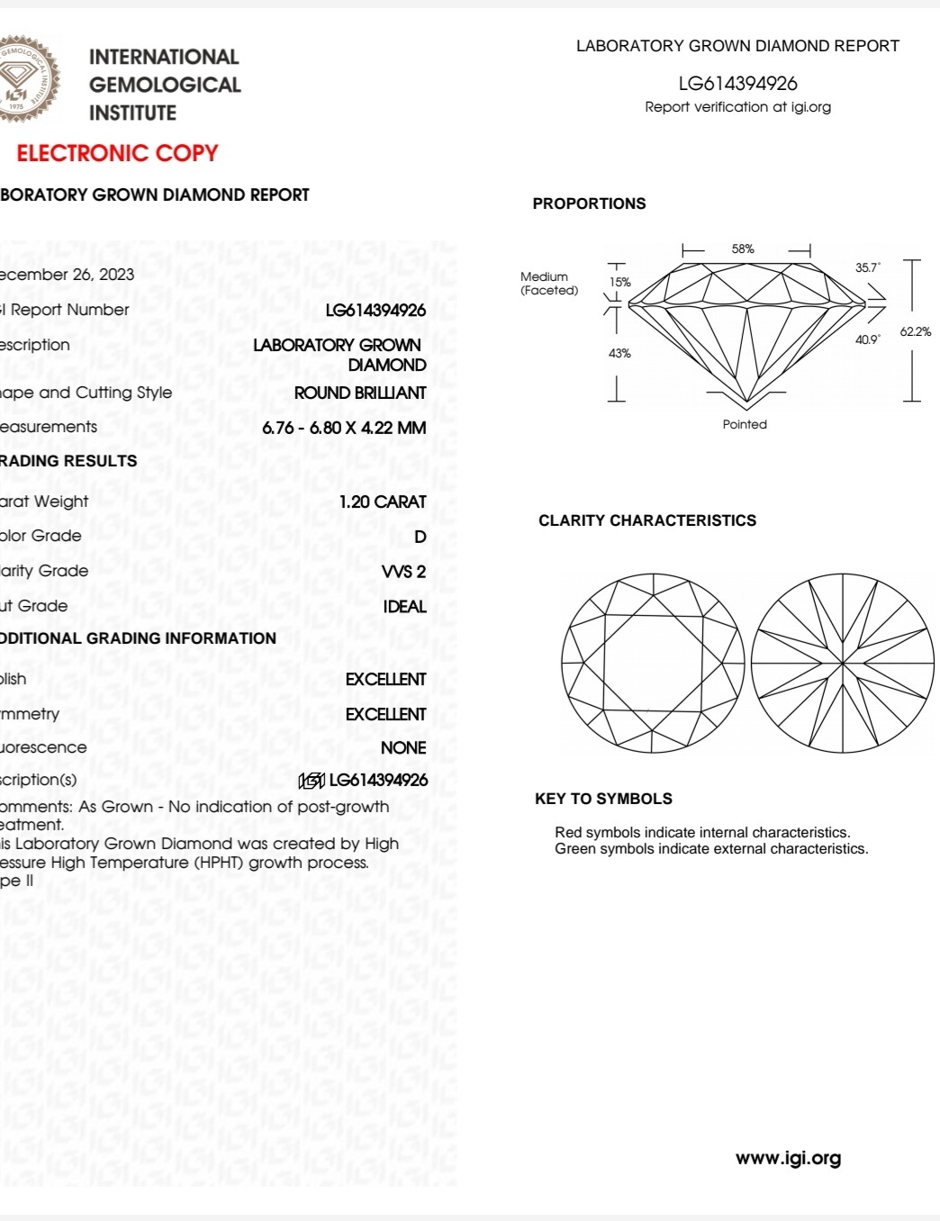IGI LAB GROWN DIAMOND 1.25 D VVS2 IDEAL 2EX NON