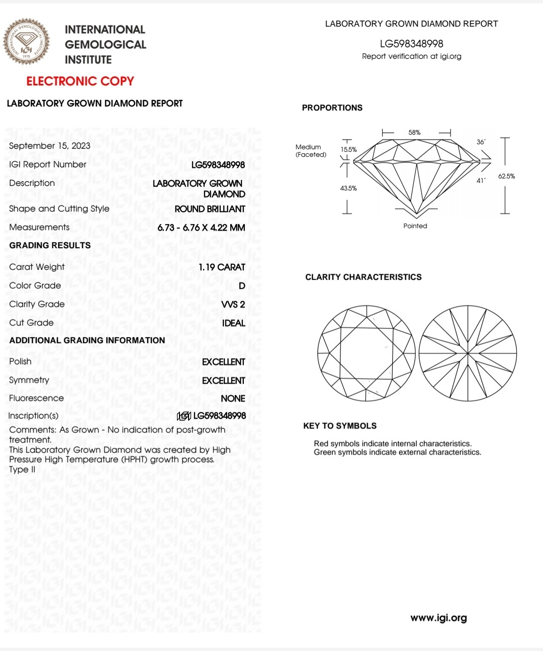 IGI LAB GROWN DIAMOND 1.19 D VVS2 IDEAL 2EX NON