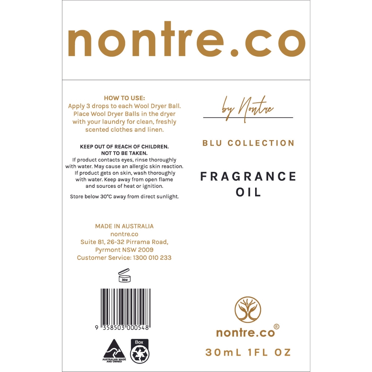 Nontre - 香薰油 藍色系列 藍蓮花 & 白色小蒼蘭 30 毫升