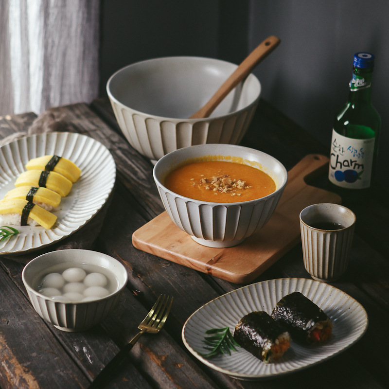 《4250》日式復古菊花瓣粗陶碗盤組