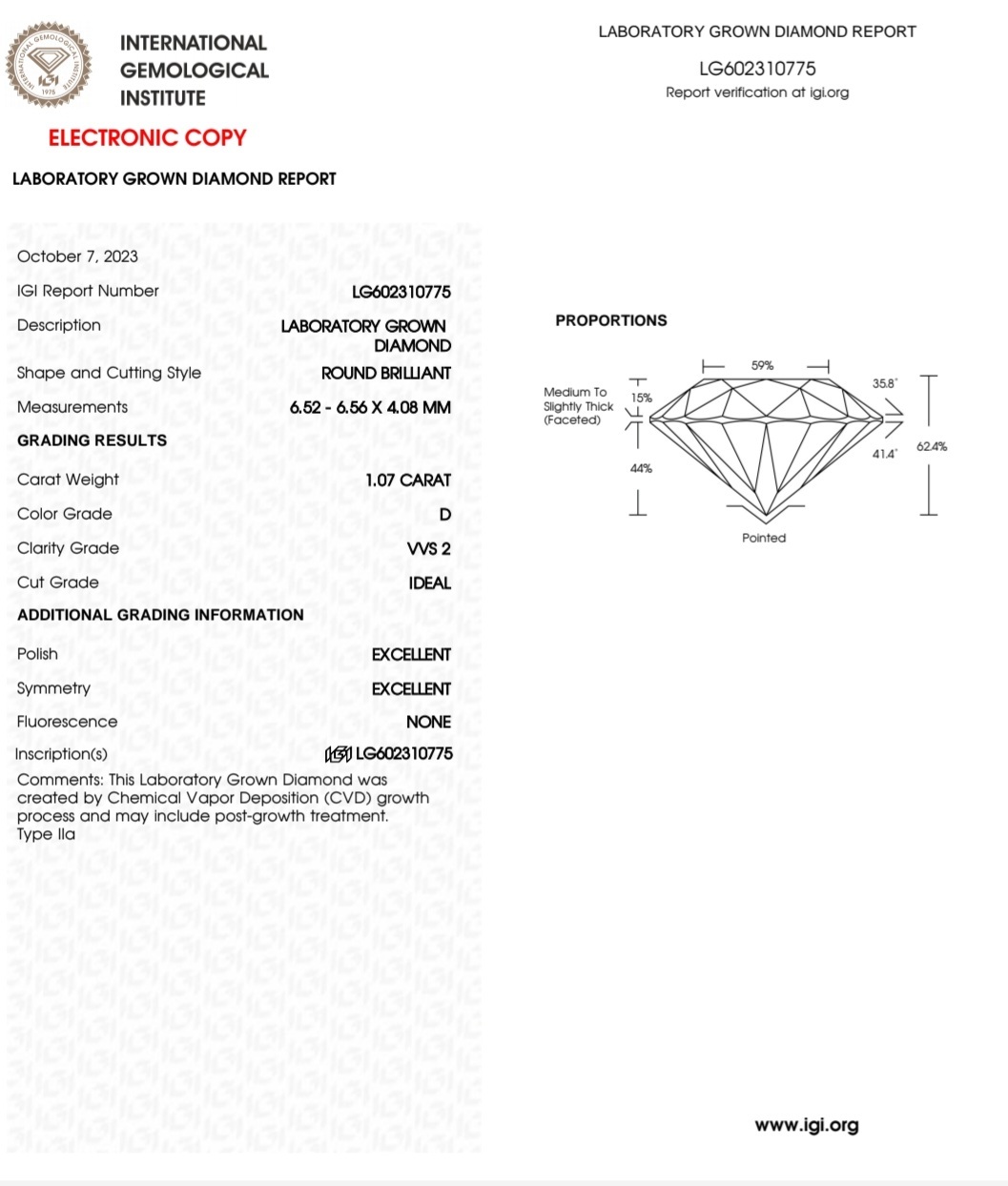 IGI LAB GROWN DIAMOND 1.07 D VVS2 IDEAL 2EX NON