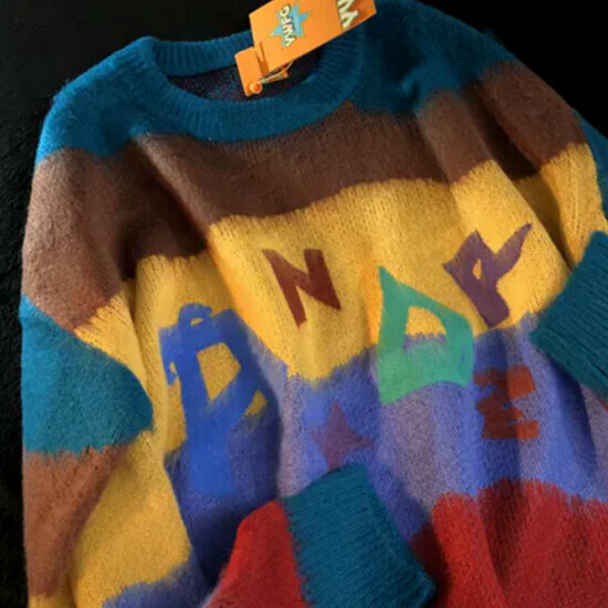 Hot selling color block lazy striped knitted sweater [blue and yellow coffee] [S-XL size] (please contact customer service to confirm the delivery size after placing the order)