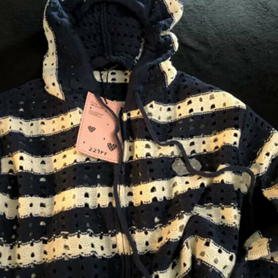 Hot selling striped color block hooded knitted sweater [black blue] [S-M size] (please contact customer service to confirm the delivery size after placing the order)