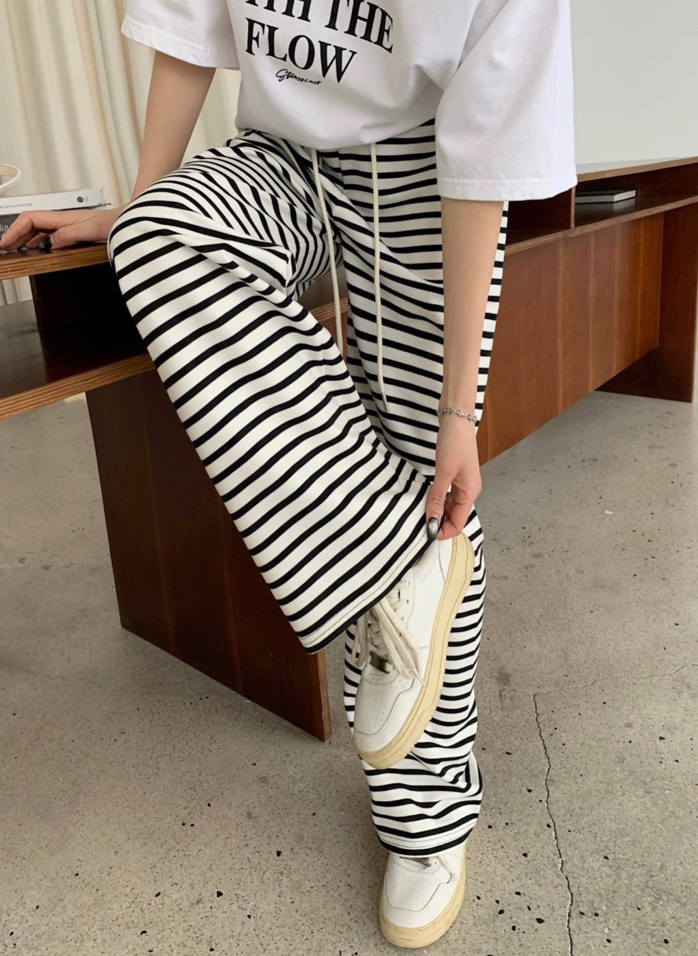 黑白條紋高腰慵懶風休閒闊腿褲（兩色）