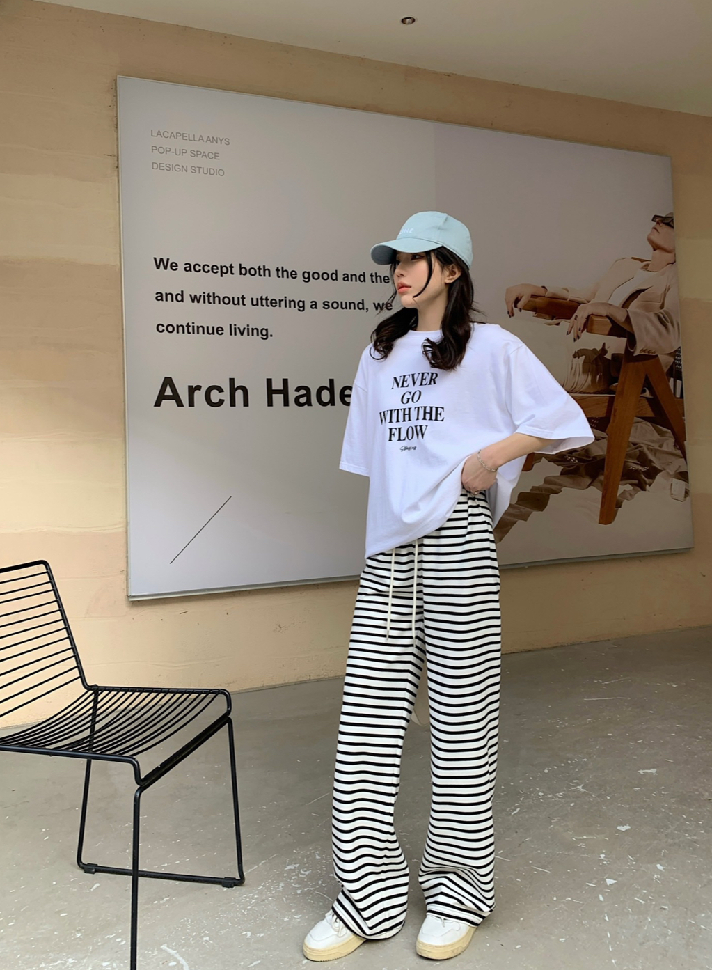 黑白條紋高腰慵懶風休閒闊腿褲（兩色）