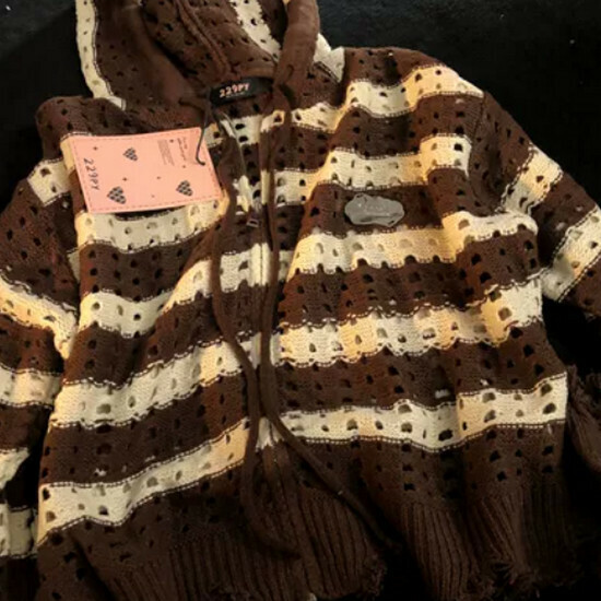 Hot selling striped color block hooded knitted sweater [brown] [size S-M] (please contact customer service to confirm the delivery size after placing the order)
