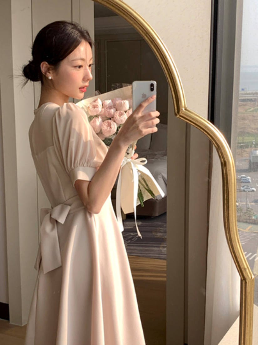 [現貨] Mielle 浪漫拼接洋裝-長版 [ 米色 / Free ]