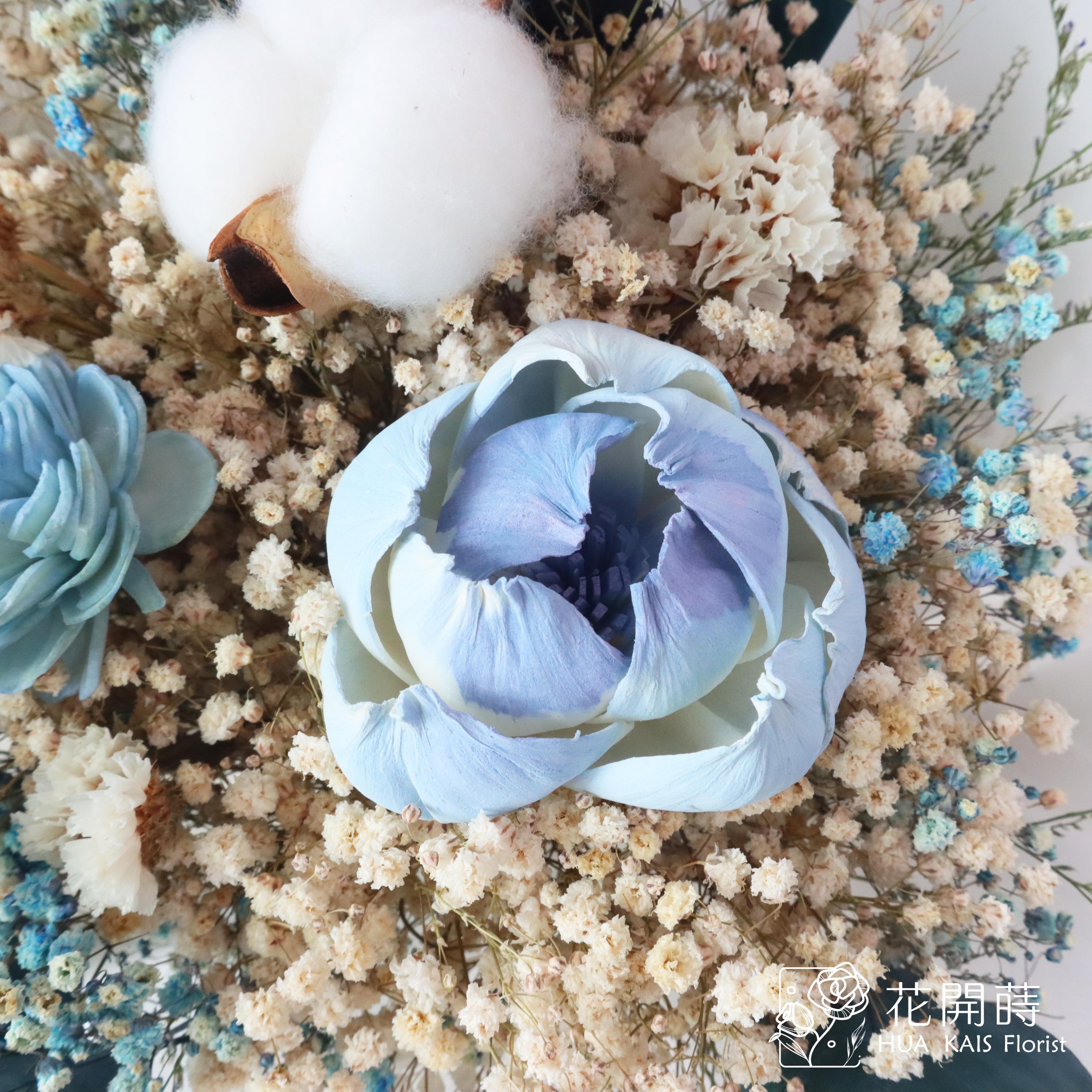 乾燥花束|天空藍乾燥花束(M)+淺棕畢業熊|中型花束|永生花|情人節花束|畢業花束