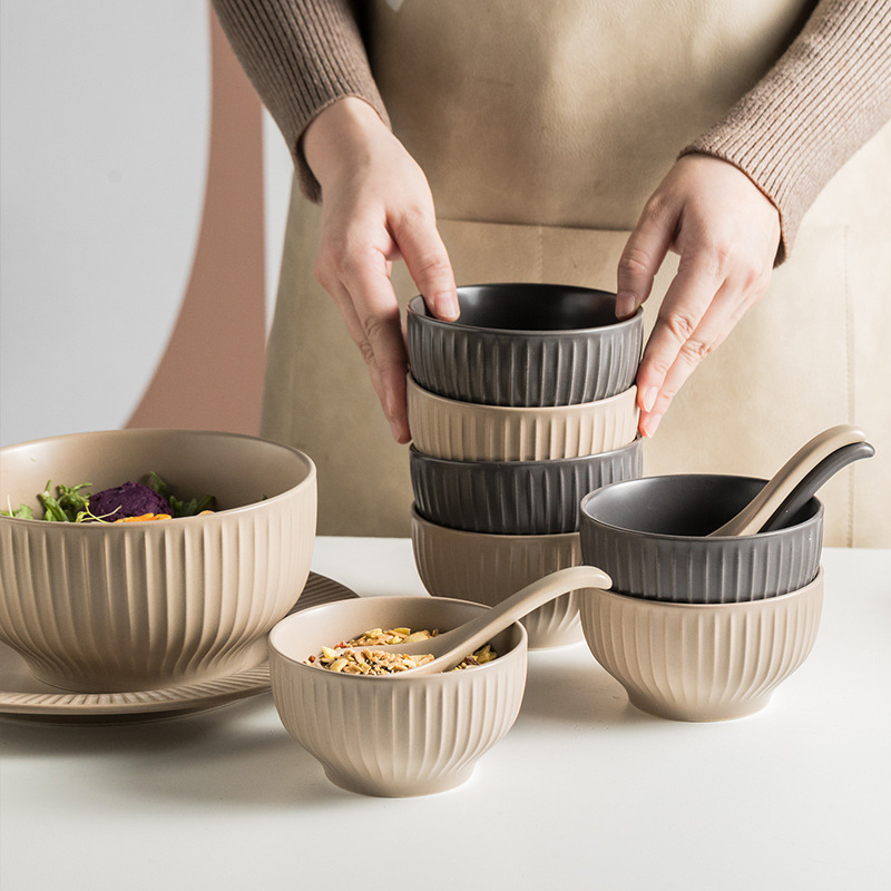 《4254》莫蘭迪北歐風豎紋陶磁碗盤組