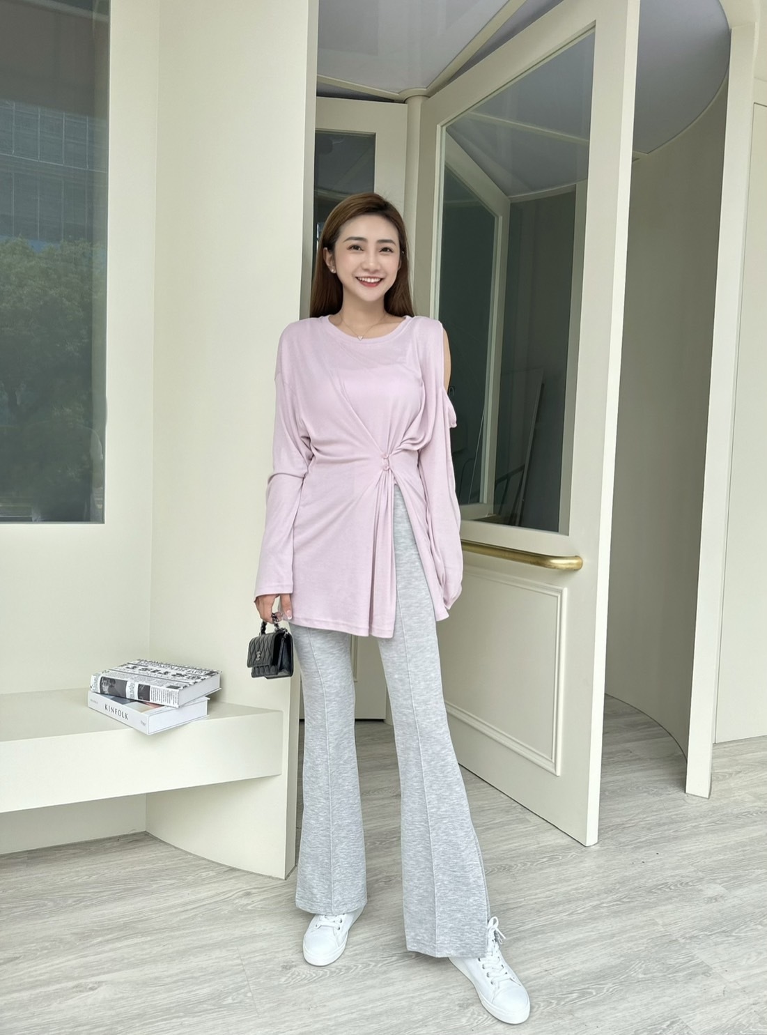 ［預購］🔥05.29春夏新品］💥敲彈瘦瘦褲］🇰🇷正韓高腰包小腹後鬆緊腰超彈薄棉側拉鍊開叉微喇叭褲（Free，灰色/兩色）