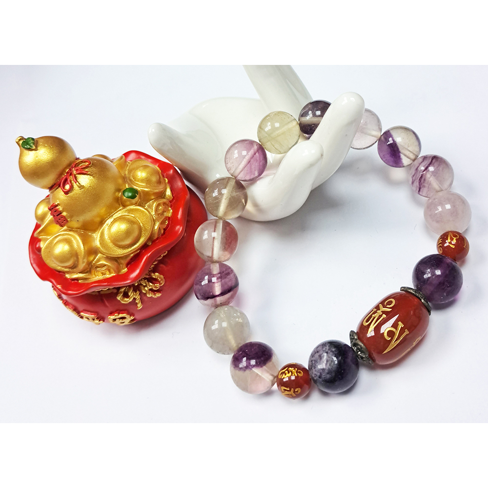 六字真言{紅玉髓}+七彩螢石手珠12mm【十方】139323