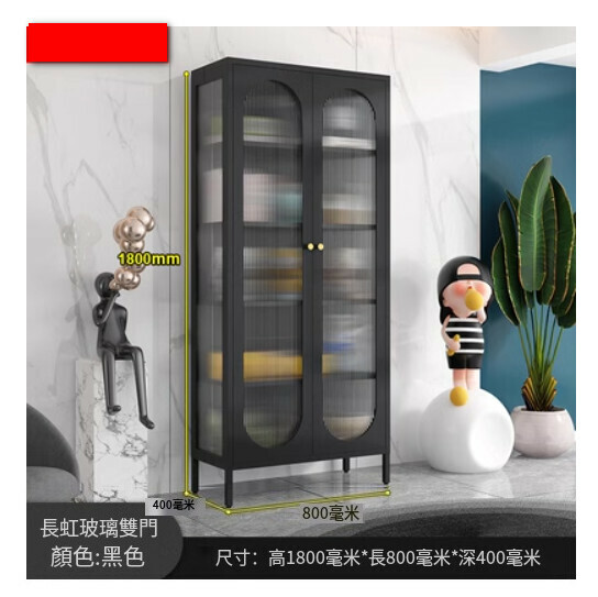 Hot style simple iron bookcase, living room storage cabinet, storage cabinet, display cabinet, storage floor cabinet [black/foot-tall door/1800*800*400]